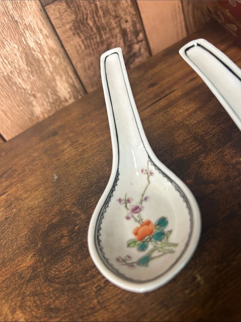 Porcelain Floral Soup Spoons - White with Orange Floral Accent